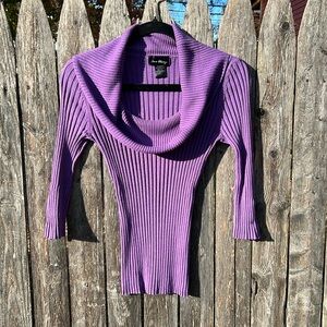 Purple ribbed cowl-neck sweater
